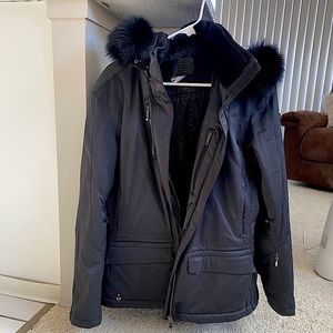 Spyder Black Ski Jacket, Real Fur Hood. Size 14 US
